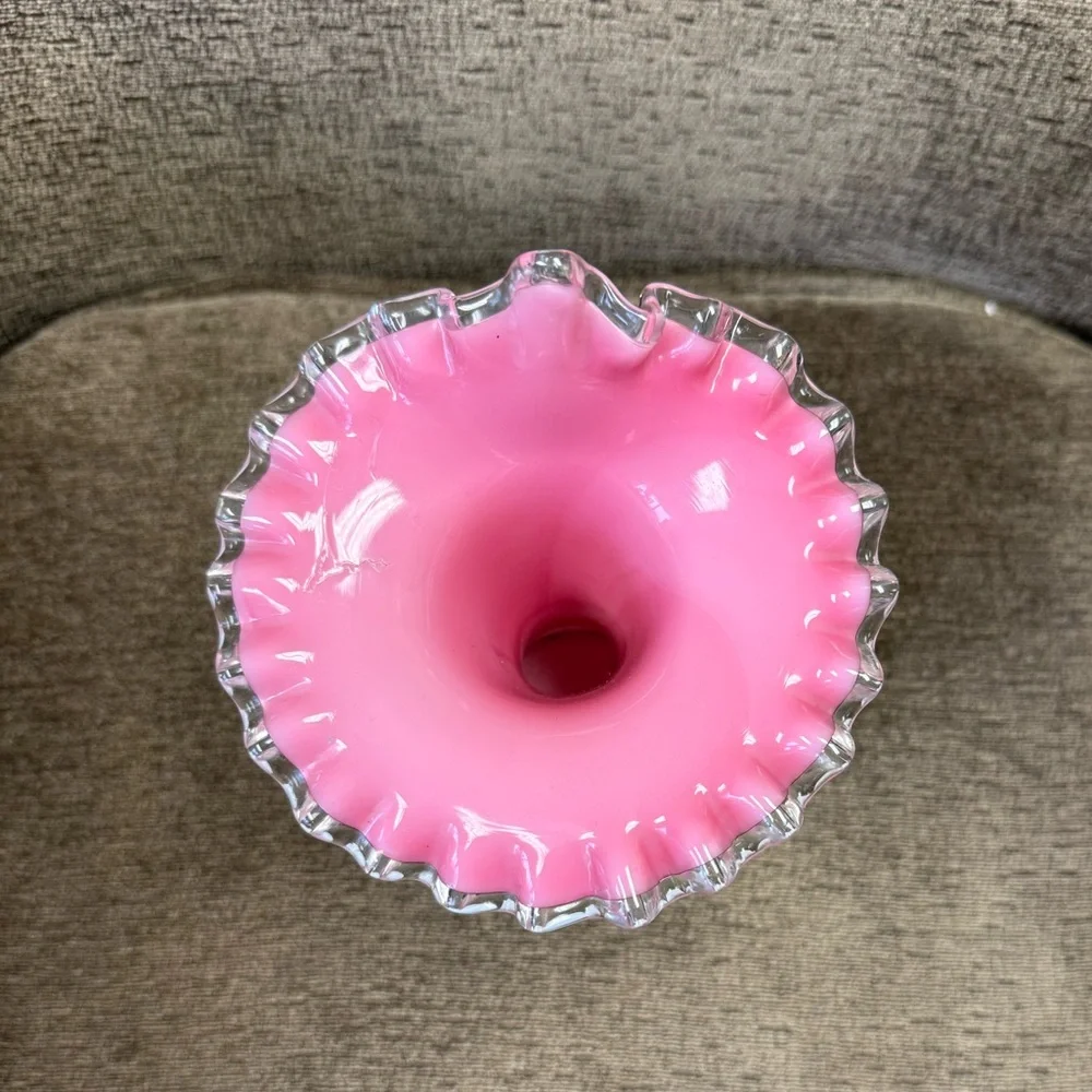 Vintage Silver Crest White and Pink Jack in the Pulpit Glass Vase w/ Ruffle Edge - Picture 5 of 12